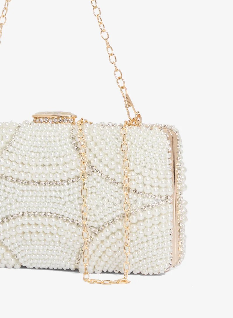 Khizana White Pearl Detailed Embellished Gold Accent Clutch for Women | Best Price UAE